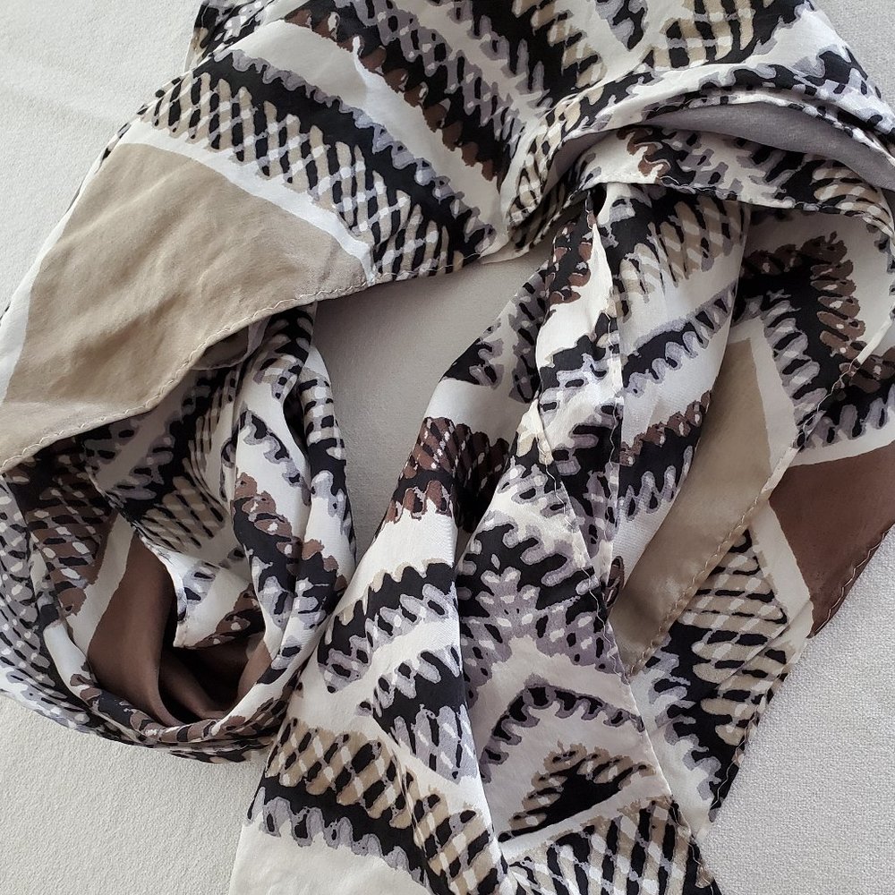 Jones New York Silk Scarf Geometric Black Gray Brn - Picture 5 of 8